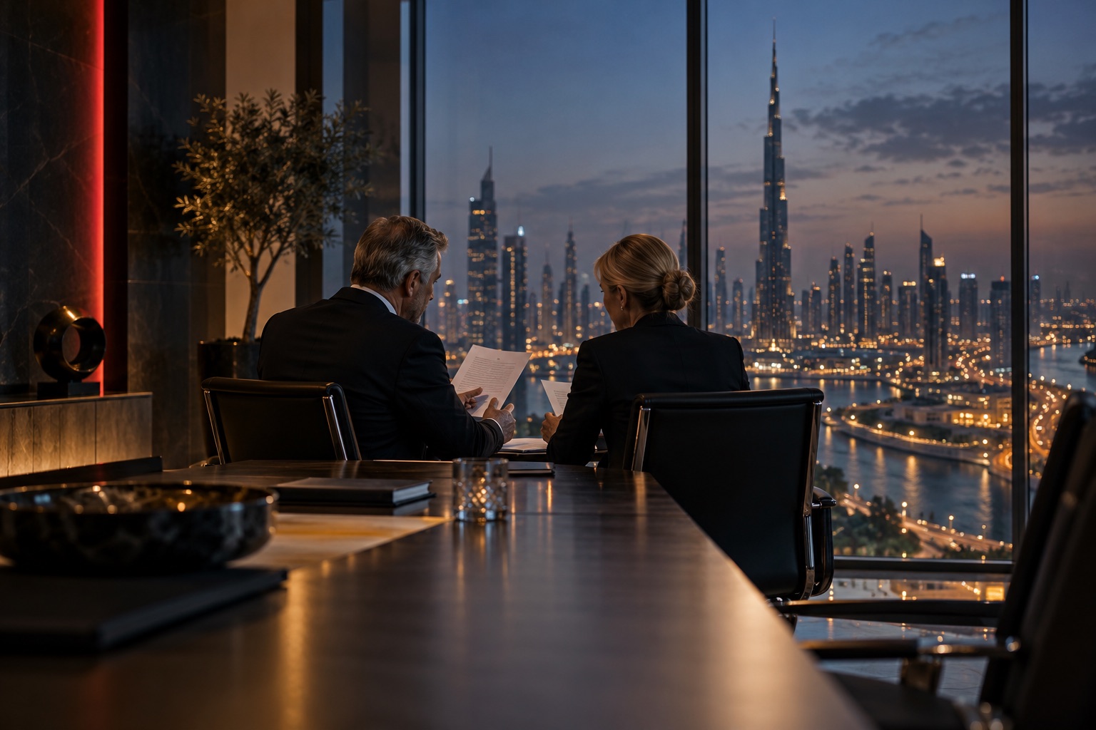Consultants discussing documents in a Dubai boardroom