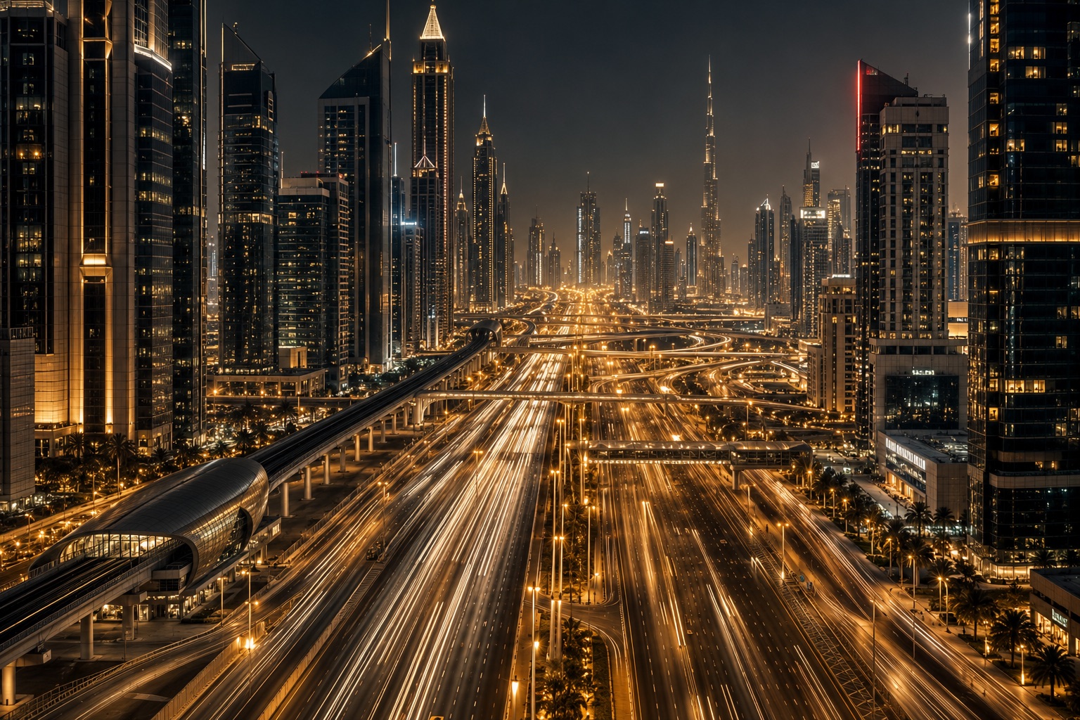 Sheikh Zayed Road at night with light trails