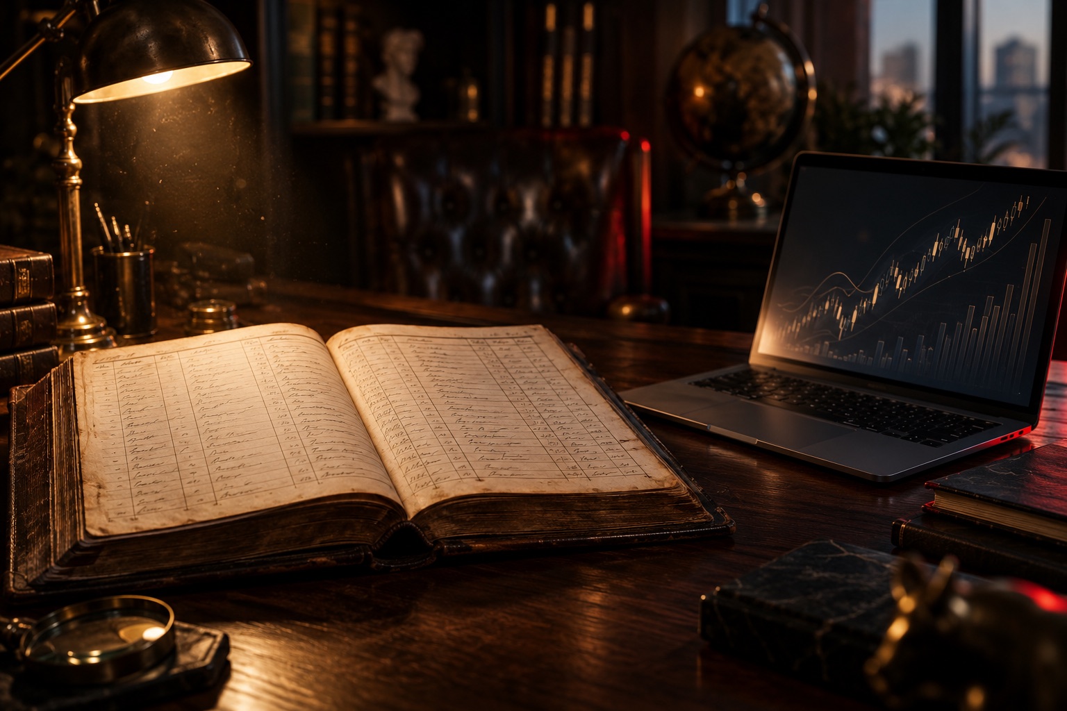A 1980s leather ledger next to a modern laptop