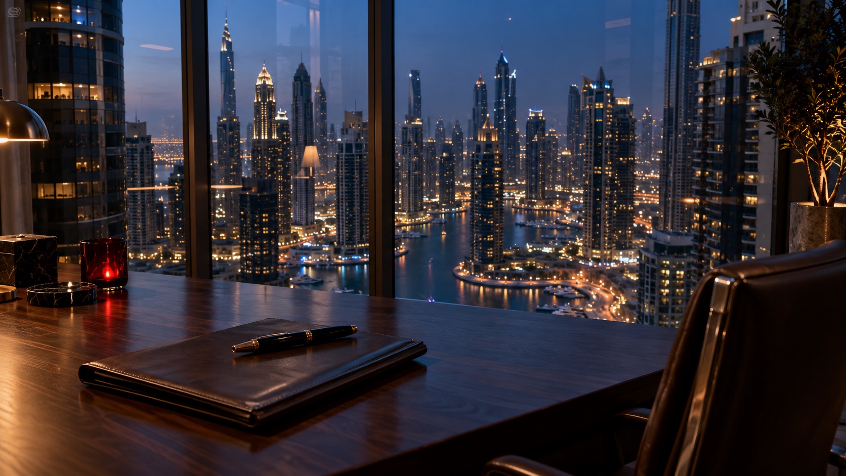 Dubai Marina and JLT at blue hour, seen from a high-floor office