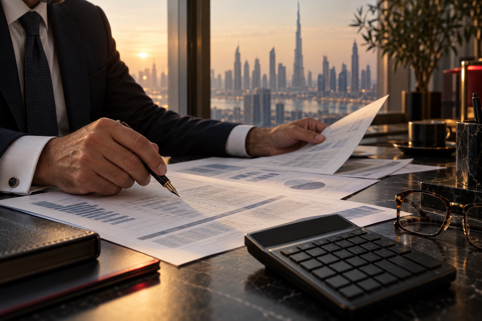 Tax advisor reviewing financial statements with a fountain pen
